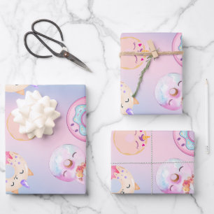 Cute colourful Unicorn pastel Rainbow Doughnuts Wrapping Paper Sheet
