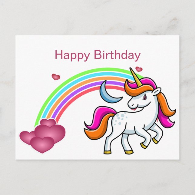 Cute, Colourful Unicorn, Rainbow, Hearts, Birthday Postcard (Front)