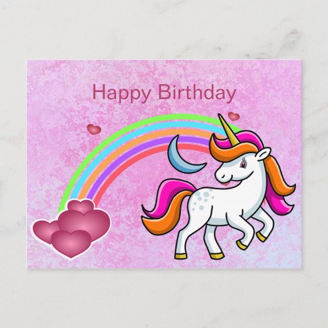 Cute, Colourful Unicorn, Rainbow, Hearts, Birthday Postcard (Front)
