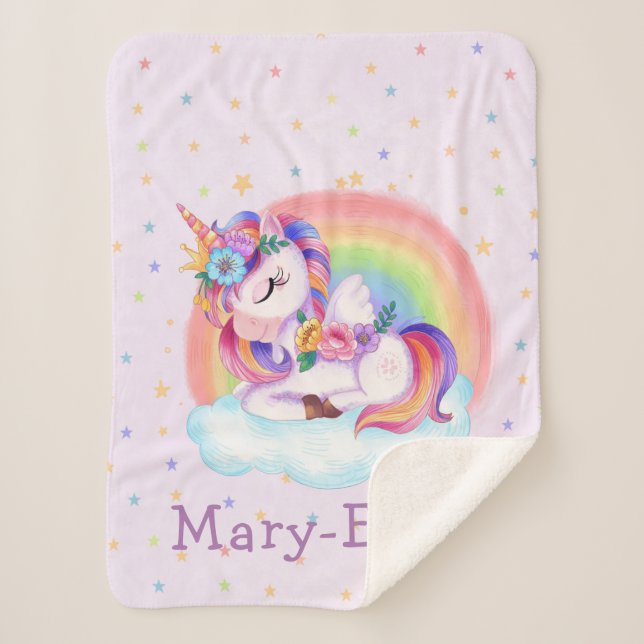 Cute Colourful Unicorn Rainbow  Sherpa Blanket (Front)