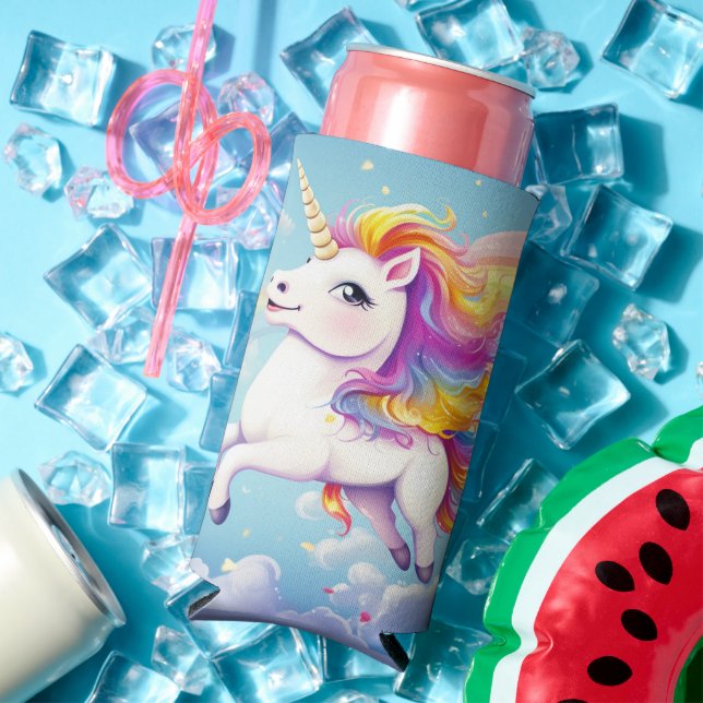 Cute Colourful Unicorns Rainbows Girly Kids Seltzer Can Cooler (In Situ Summer)