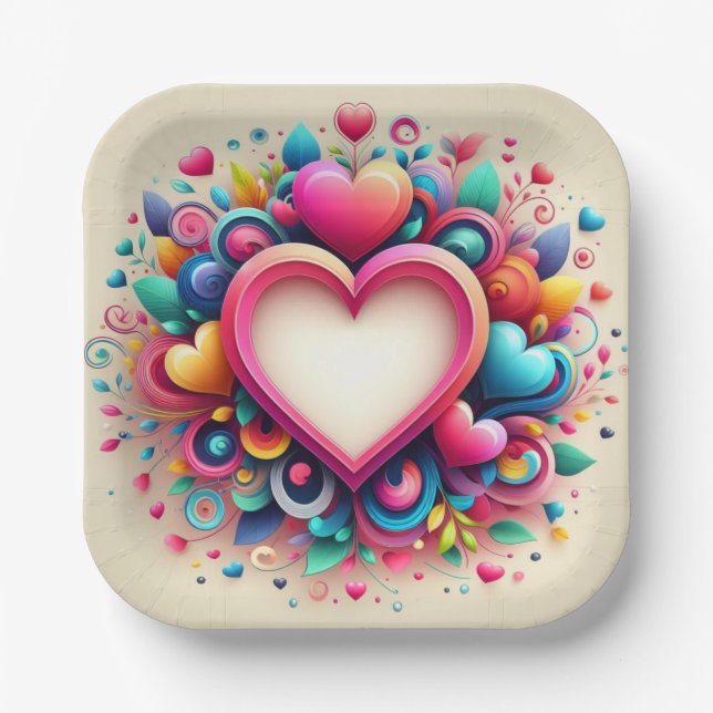 Cute colourful Valentines day  Paper Plate (Front)