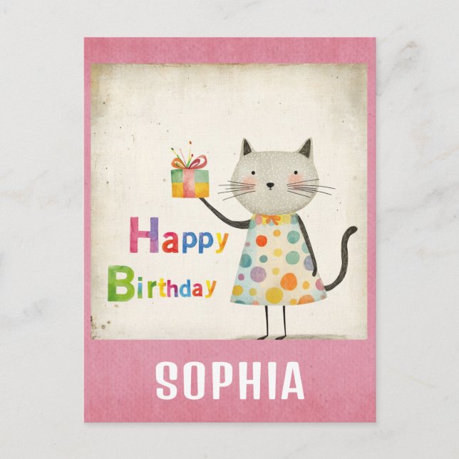 Cute Colourful Vintage Cat Happy Birthday Postcard (Front)