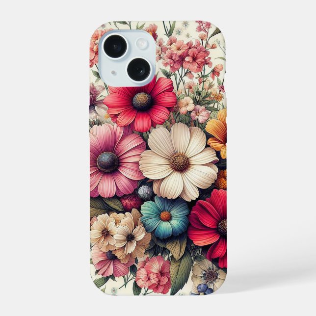 Cute Colourful Vintage Flower Collage iPhone 15 Case (Back)