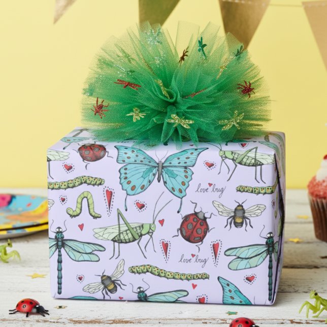 Cute Colourful Vintage Love Bug Insects Wrapping Paper (Cute Purple Love Bug Girly Insect Wrapping Paper for Kids Birthday. Fun Bug Pattern for Children)