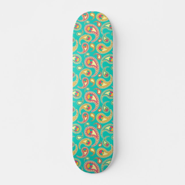 Cute colourful vintage paisley pattern skateboard (Front)