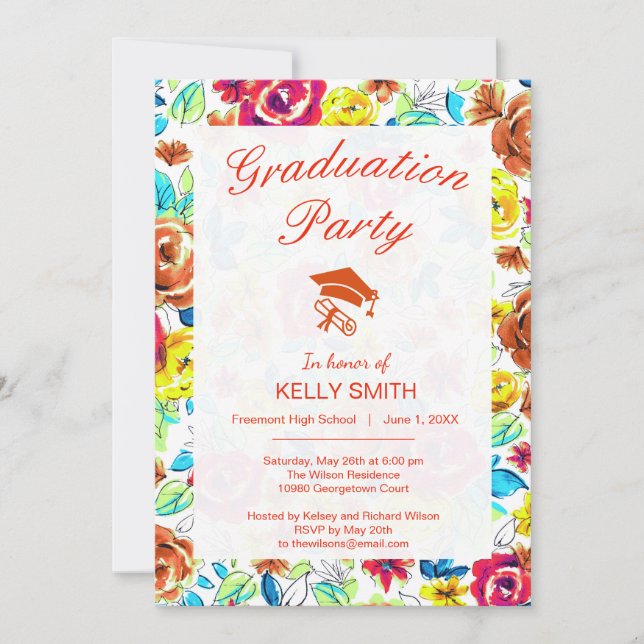 Cute colourful vintage roses graduation party invitation (Front)