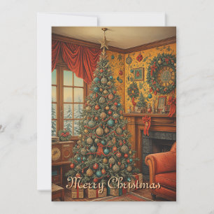 Cute Colourful Vintage Rustic Merry Christmas Tree Holiday Card