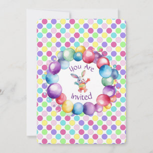 Cute Colourful Watercolor Bunny and Polka Dots Invitation