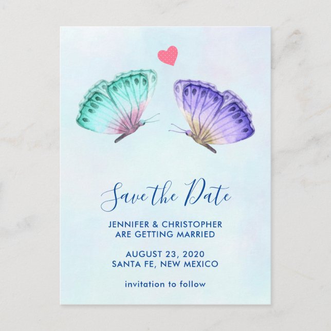 Cute Colourful Watercolor Butterflies Save the Dat Postcard (Front)