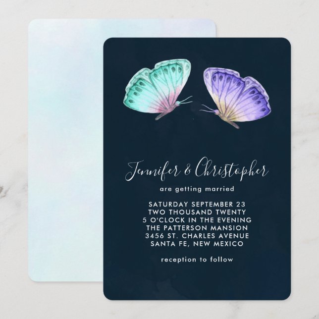 Cute Colourful Watercolor Butterflies Wedding Invitation (Front/Back)