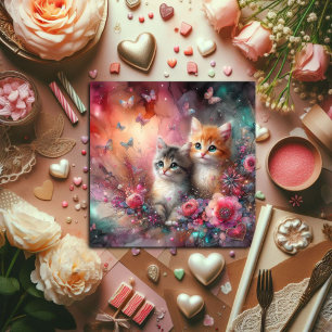 Cute Colourful Watercolor Cats Flowers Valentine Holiday Card