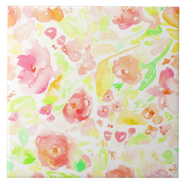 Cute colourful watercolor floral pattern tile (Front)