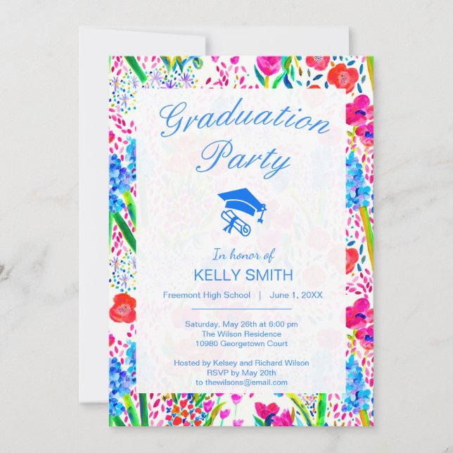 Cute colourful watercolor flowers graduation party invitation (Front)
