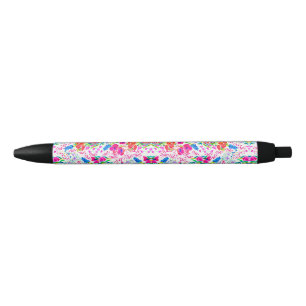 Cute colourful watercolor flowers pattern checkboo black ink pen