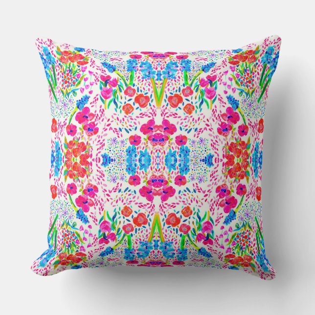 Cute colourful watercolor flowers pattern throw pillow (Front)