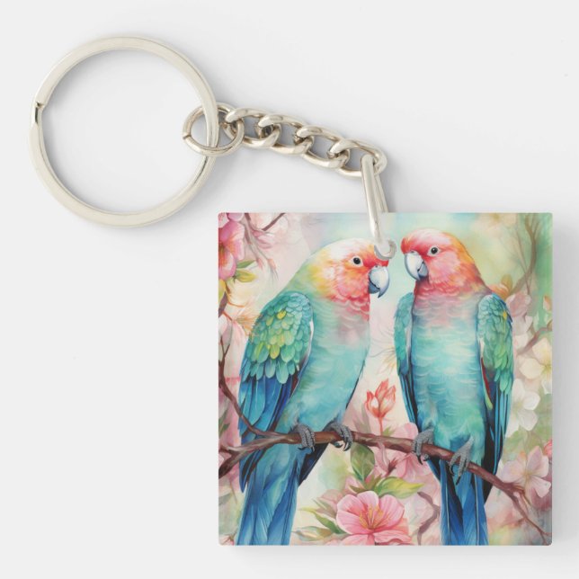 Cute Colourful Watercolor Parrots Keychain (Front)