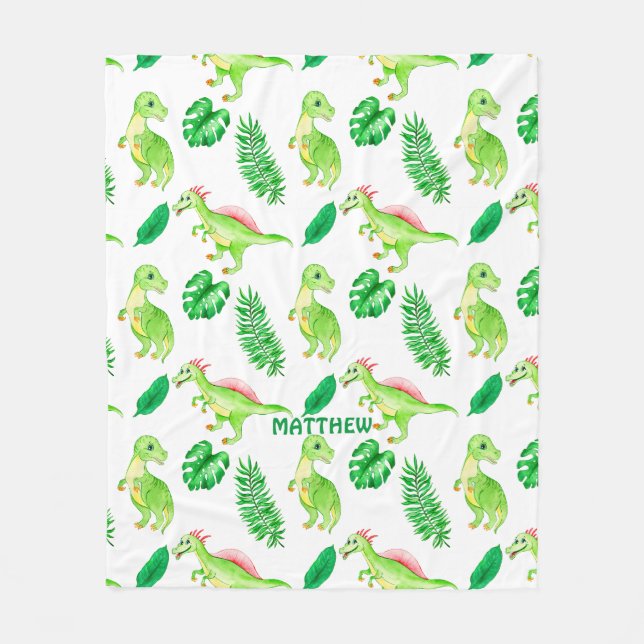 Cute Colourful Watercolor Pattern Jungle Dinosaur Fleece Blanket (Front)