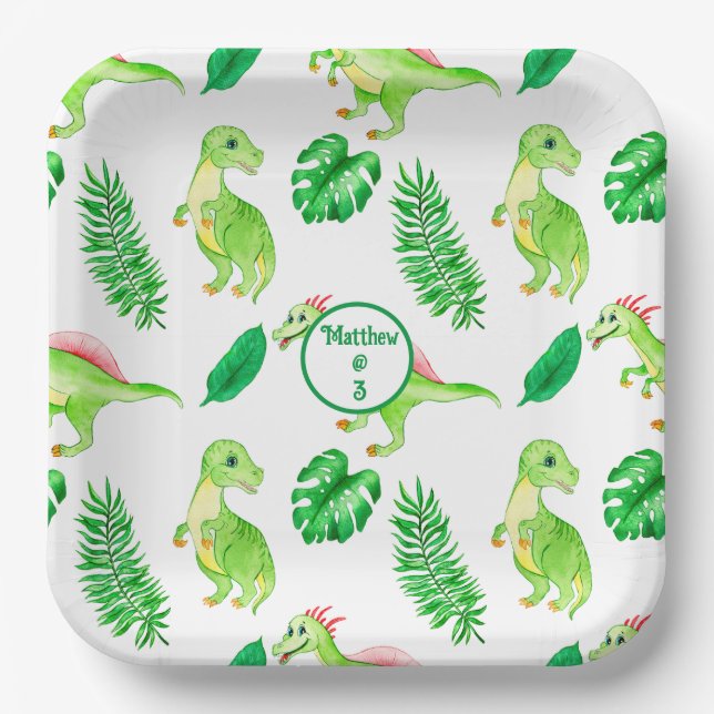 Cute Colourful Watercolor Pattern Jungle Dinosaur Paper Plate (Front)