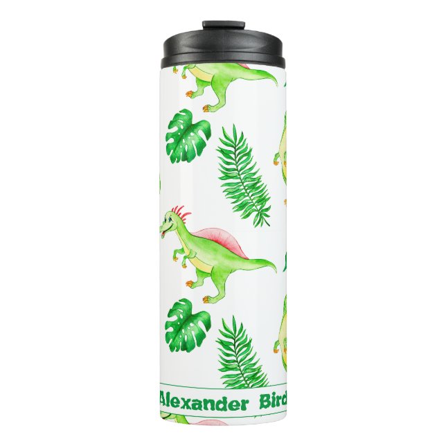 Cute Colourful Watercolor Pattern Jungle Dinosaur Thermal Tumbler (Front)
