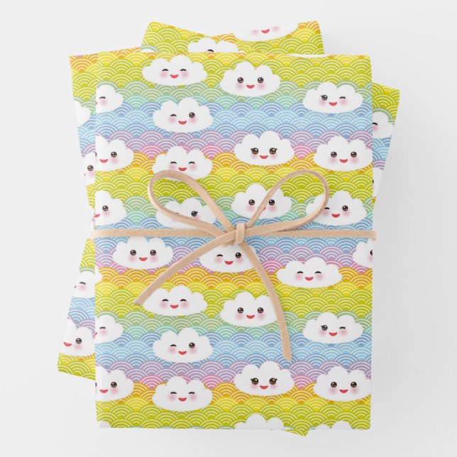 Cute Colourful Waves Kawaii Emoji Clouds Pattern Wrapping Paper Sheet (In situ)