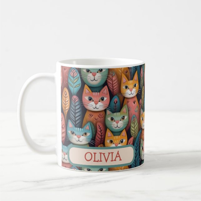 Cute Colourful Whimsical Cats Pattern Coffee Mug (Left)