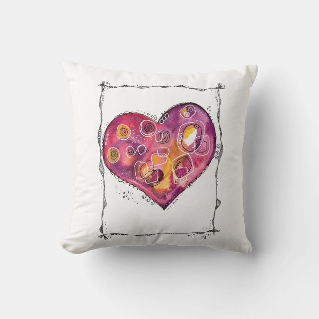 Cute Colourful Whimsical Heart Doodle Throw Pillow (Front)