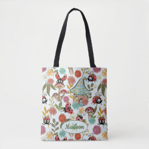 Cute Colourful Whimsical Ladybugs Glitter Monogram Tote Bag