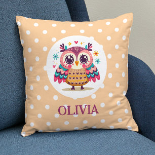 Cute Colourful Whimsical Owl with Polka Dots Throw Pillow