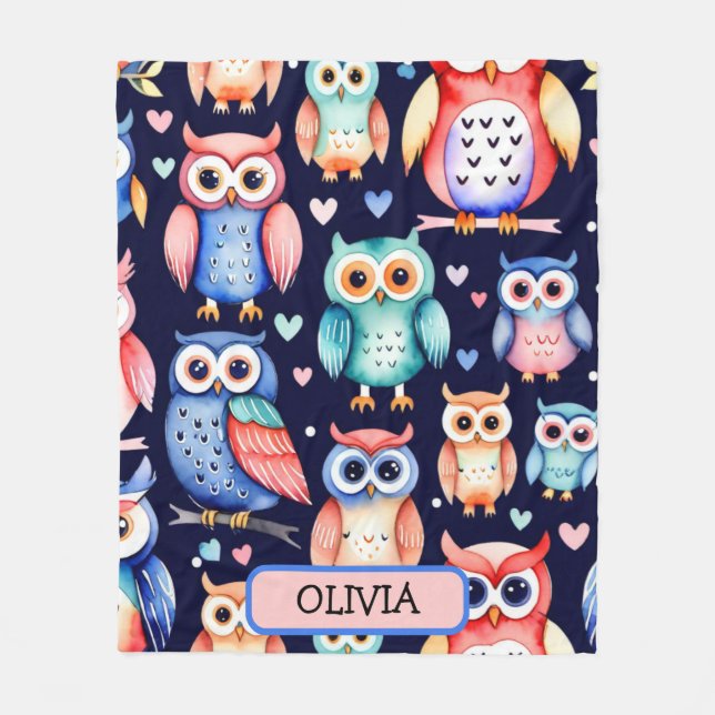 Cute Colourful Whimsical Owls Pattern Fleece Blanket (Front)