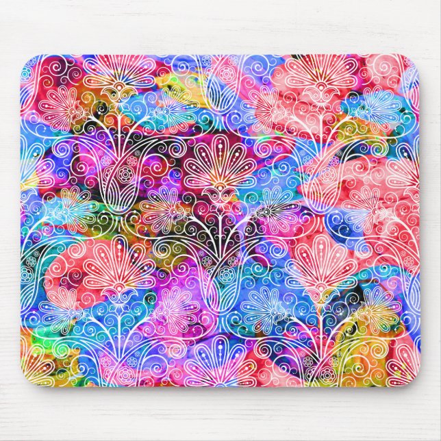 Cute colourful white flowers patterns mouse pad (Front)
