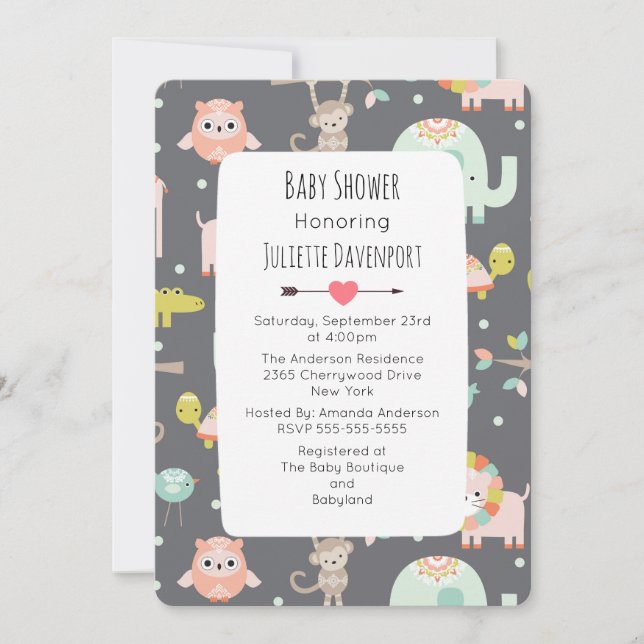 Cute Colourful Wild Animals Baby Shower Invite (Front)