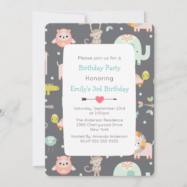 Cute Colourful Wild Animals Birthday Party Invite (Front)
