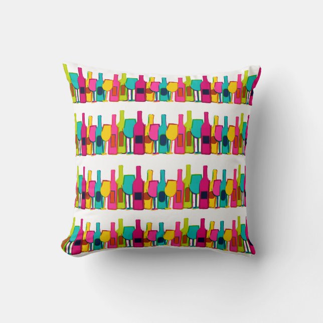Cute colourful wine bottles pattern throw pillow (Front)