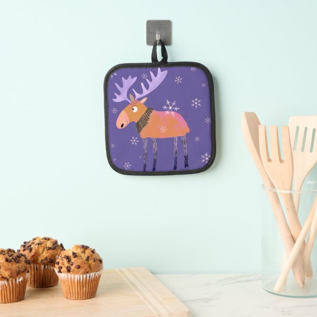 Cute Colourful Winter Moose Oven Mitt Pot Holder (Insitu(Hanging))