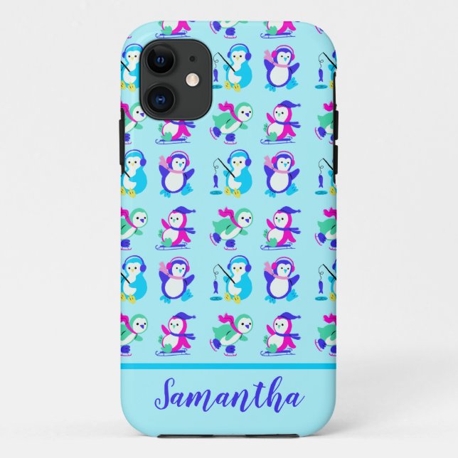 Cute Colourful Winter Penguins Personalized Case-Mate iPhone Case (Back)