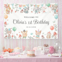 Cute Colourful Woodland Animals Birthday Backdrop