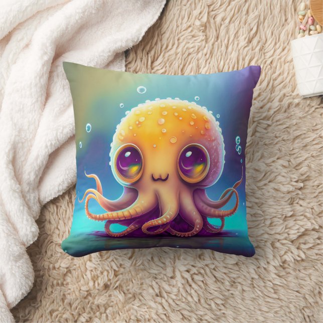 Cute Colourful Yellow Octopus Alien Artwork | Throw Pillow (Blanket)