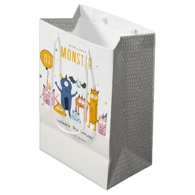 Cute Colourful Yellow Party Monsters Kids Birthday Medium Gift Bag (Front Angled)