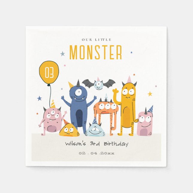 Cute Colourful Yellow Party Monsters Kids Birthday Napkin (Front)
