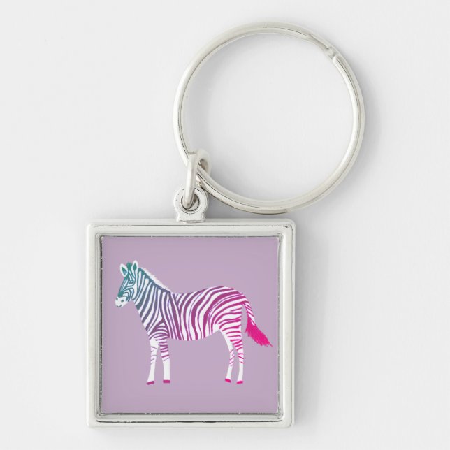 Cute colourful zebra animal print purple blue pink keychain (Front)