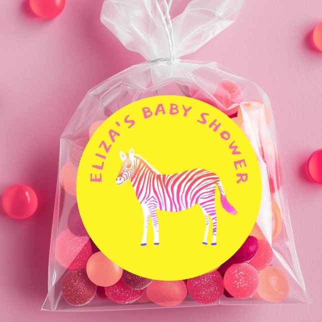 Cute Colourful Zebras Custom Baby Shower  Classic Round Sticker (Cute Colorful Zebras Custom Baby Shower Classic Round Sticker
Yellow Pink)