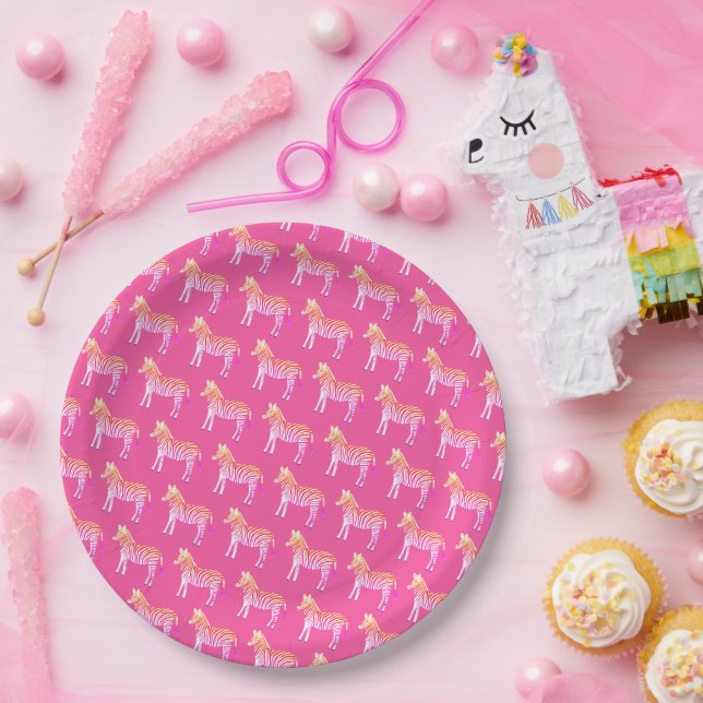 Cute Colourful Zebras Pink Baby Shower  Paper Plate (Party)