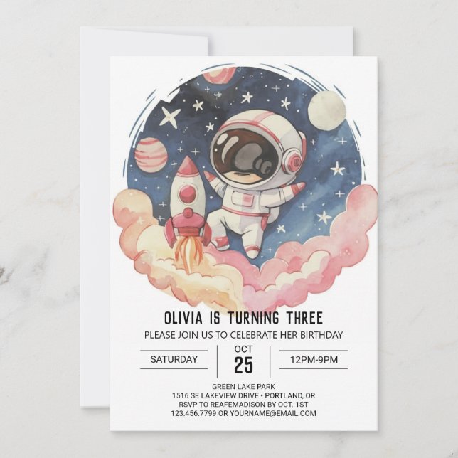 Cute Comet Elegance Astronaut Birthday Invitation (Front)