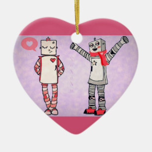 Cute Comic Style Vintage Valentine's Day Robots Ceramic Ornament
