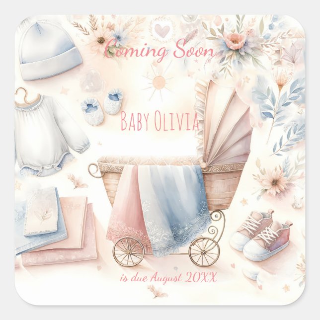 Cute coming soon announcement Invitation Square Sticker (Front)