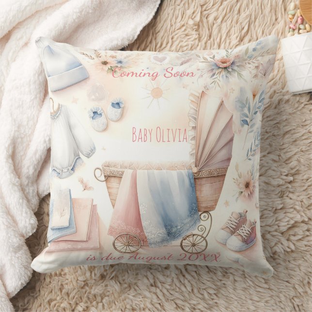 Cute coming soon announcement Invitation Throw Pillow (Blanket)