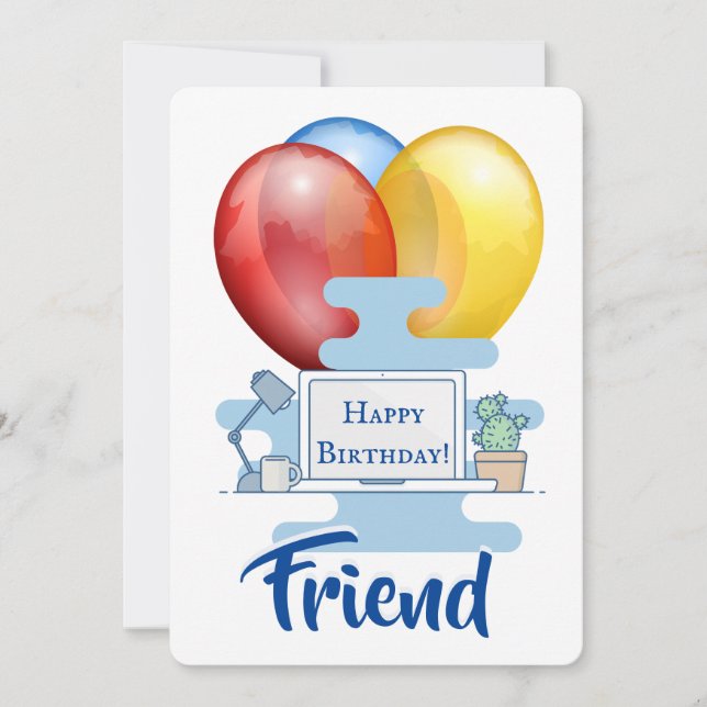 Cute Computer And Balloons Birthday Card (Front)
