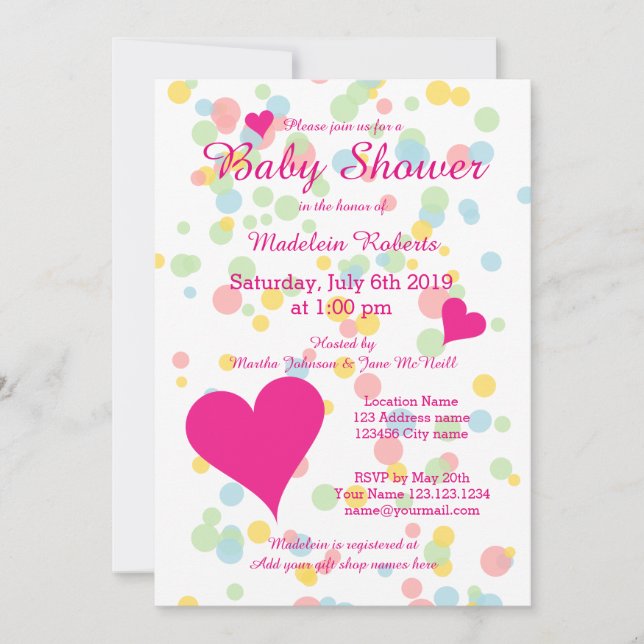 Cute confetti dot baby shower invitations for girl (Front)