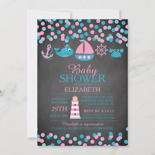 Cute Confetti Nautical Girl Baby shower Invitation (Devant)